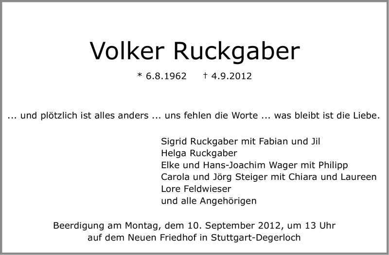  Traueranzeige für Volker Ruckgaber vom 07.09.2012 aus Stuttgarter Zeitung / Stuttgarter Nachrichten