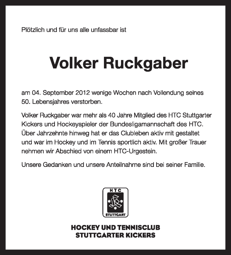  Traueranzeige für Volker Ruckgaber vom 07.09.2012 aus Stuttgarter Zeitung / Stuttgarter Nachrichten