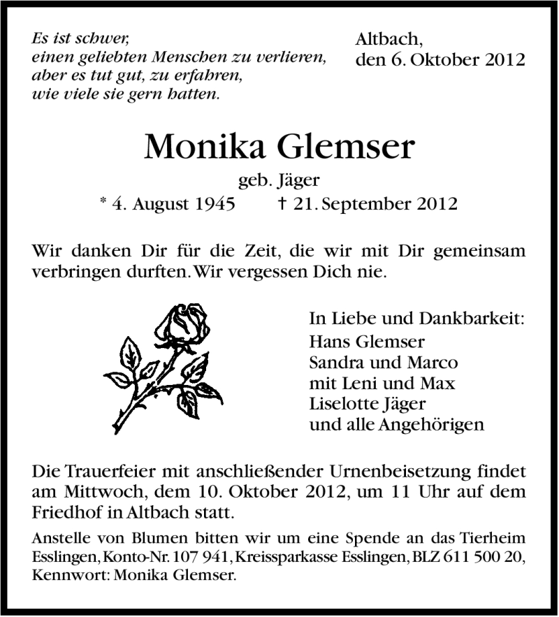  Traueranzeige für Monika Glemser vom 06.10.2012 aus Stuttgarter Zeitung / Stuttgarter Nachrichten