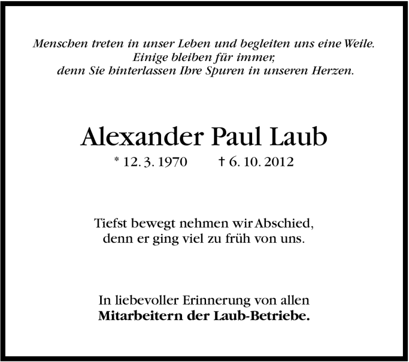 Traueranzeige für Alexander Paul Laub vom 10.10.2012 aus Stuttgarter Zeitung / Stuttgarter Nachrichten