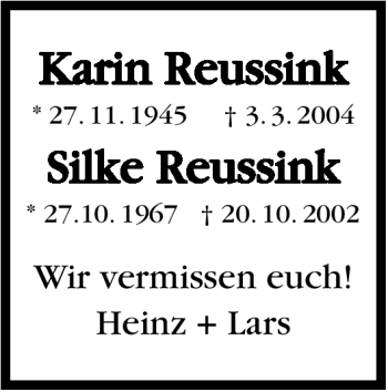 Traueranzeige von Karin Reussink  von Stuttgarter Zeitung / Stuttgarter Nachrichten