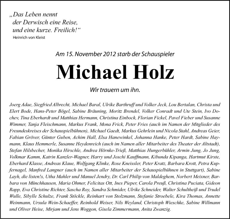  Traueranzeige für Michael Holz vom 01.12.2012 aus Stuttgarter Zeitung / Stuttgarter Nachrichten
