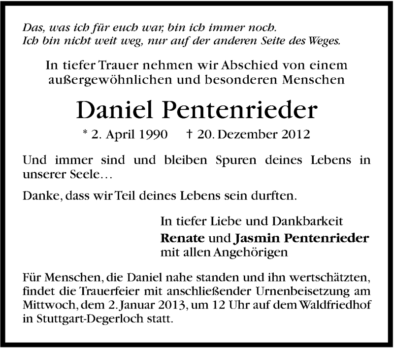 Traueranzeige für Daniel Pentenrieder vom 29.12.2012 aus Stuttgarter Zeitung / Stuttgarter Nachrichten