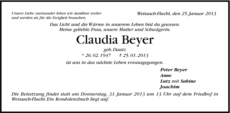  Traueranzeige für Claudia Beyer vom 28.01.2013 aus Stuttgarter Zeitung / Stuttgarter Nachrichten