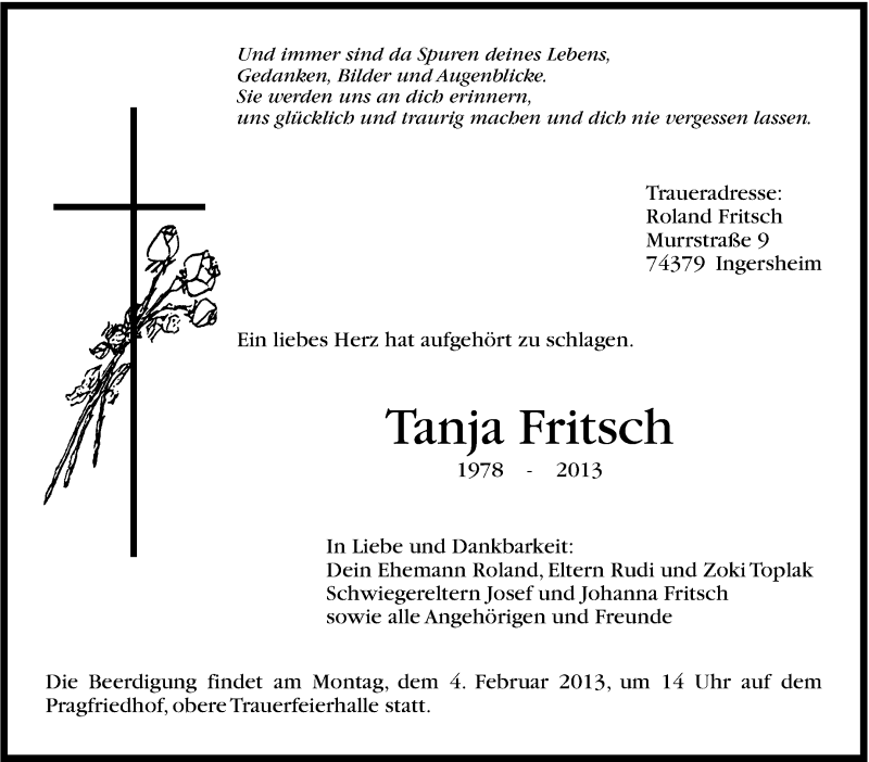  Traueranzeige für Tanja Fritsch vom 02.02.2013 aus Stuttgarter Zeitung / Stuttgarter Nachrichten