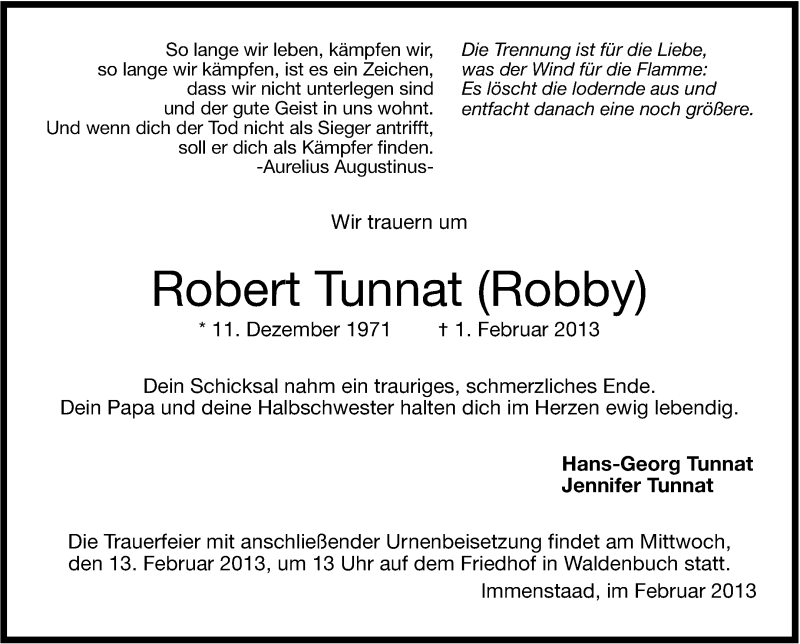  Traueranzeige für Robert Tunnat vom 09.02.2013 aus Stuttgarter Zeitung / Stuttgarter Nachrichten