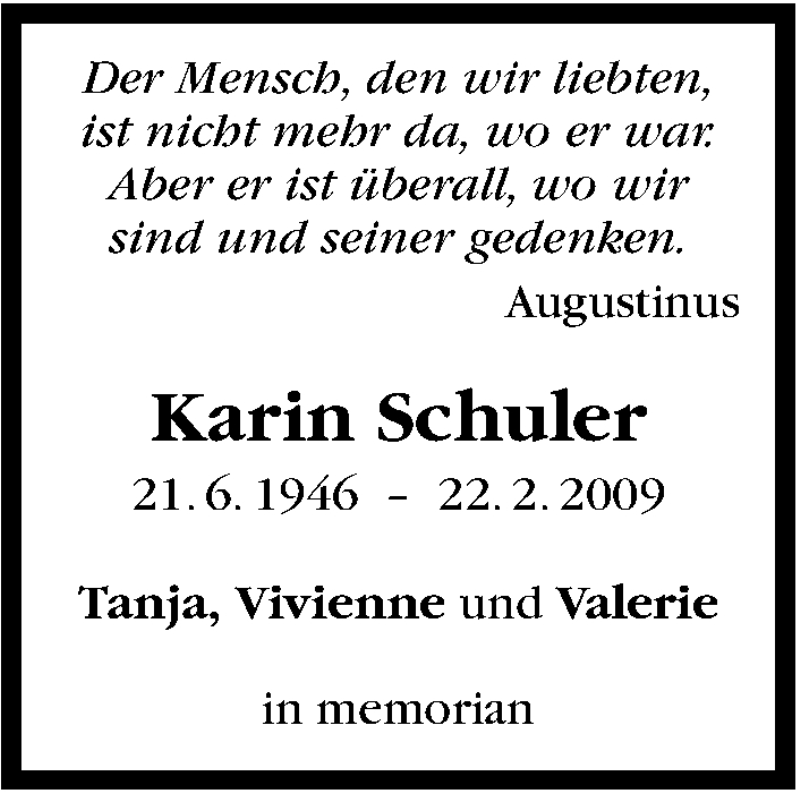  Traueranzeige für Karin Schuler vom 22.02.2013 aus Stuttgarter Zeitung / Stuttgarter Nachrichten