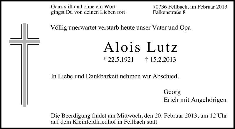  Traueranzeige für Alois Lutz vom 18.02.2013 aus Stuttgarter Zeitung / Stuttgarter Nachrichten