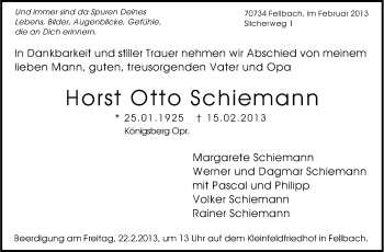 Traueranzeige von Horst Otto Schiemann von Stuttgarter Zeitung / Stuttgarter Nachrichten