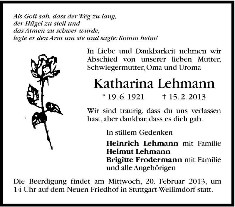  Traueranzeige für Katharina Lehmann vom 18.02.2013 aus Stuttgarter Zeitung / Stuttgarter Nachrichten