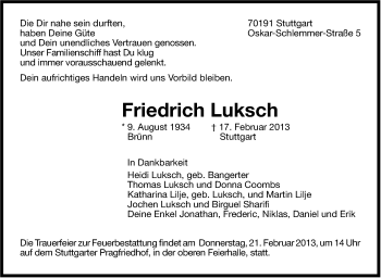 Traueranzeige von Friedrich Luksch von Stuttgarter Zeitung / Stuttgarter Nachrichten