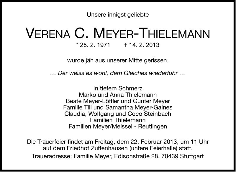  Traueranzeige für Verena Meyer-Thielemann vom 19.02.2013 aus Stuttgarter Zeitung / Stuttgarter Nachrichten