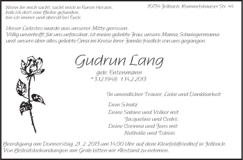 Traueranzeige von Gudrun Lang von Stuttgarter Zeitung / Stuttgarter Nachrichten
