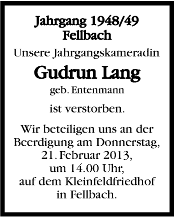 Traueranzeige von Gudrun Lang von Stuttgarter Zeitung / Stuttgarter Nachrichten