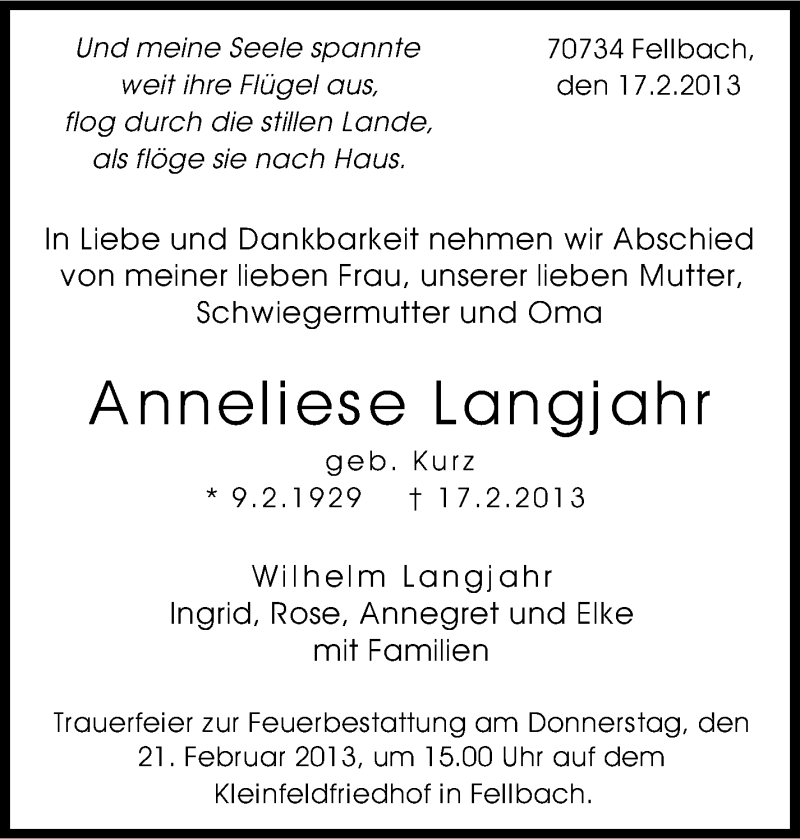  Traueranzeige für Anneliese Langjahr vom 19.02.2013 aus Stuttgarter Zeitung / Stuttgarter Nachrichten