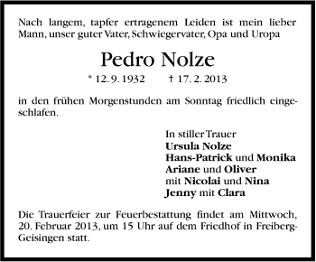 Traueranzeige von Pedro Nolze von Stuttgarter Zeitung / Stuttgarter Nachrichten