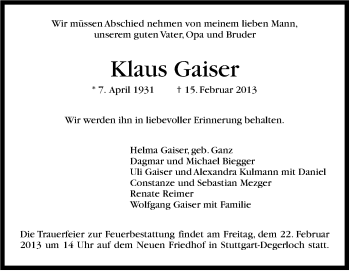 Traueranzeige von Klaus Gaiser von Stuttgarter Zeitung / Stuttgarter Nachrichten