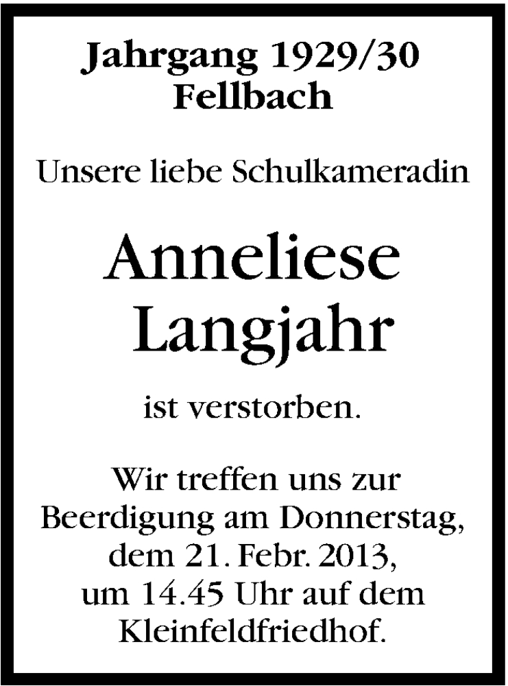  Traueranzeige für Anneliese Langjahr vom 20.02.2013 aus Stuttgarter Zeitung / Stuttgarter Nachrichten