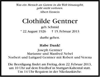 Traueranzeige von Clothilde Gentner von Stuttgarter Zeitung / Stuttgarter Nachrichten