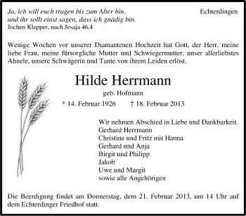 Traueranzeige von Hilde Herrmann von Stuttgarter Zeitung / Stuttgarter Nachrichten