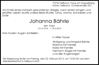 Traueranzeige von Johanna Bährle von Stuttgarter Zeitung / Stuttgarter Nachrichten