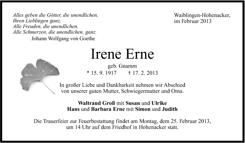  Traueranzeige für Irene Erne vom 21.02.2013 aus Stuttgarter Zeitung / Stuttgarter Nachrichten