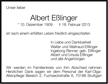 Traueranzeige von Albert Eßlinger von Stuttgarter Zeitung / Stuttgarter Nachrichten