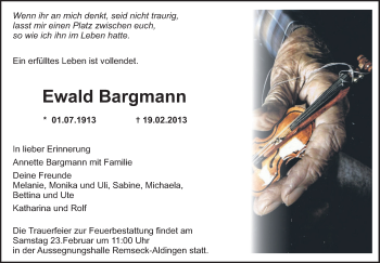 Traueranzeige von Ewald Bargmann von Stuttgarter Zeitung / Stuttgarter Nachrichten