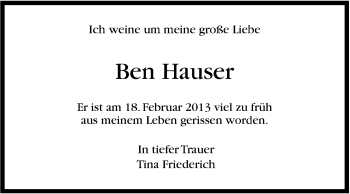 Traueranzeige von Ben Hauser von Stuttgarter Zeitung / Stuttgarter Nachrichten