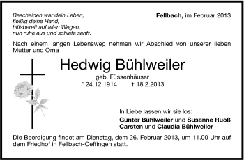 Traueranzeige von Hedwig Bühlweiler von Stuttgarter Zeitung / Stuttgarter Nachrichten
