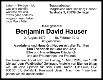 Traueranzeige von Benjamin David Hauser von Leonberger Kreiszeitung / Strohgäu Extra
