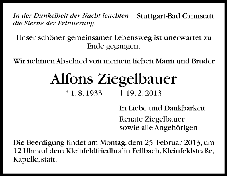  Traueranzeige für Alfons Ziegelbauer vom 22.02.2013 aus Stuttgarter Zeitung / Stuttgarter Nachrichten
