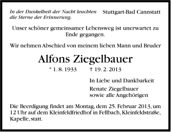 Traueranzeige von Alfons Ziegelbauer von Stuttgarter Zeitung / Stuttgarter Nachrichten