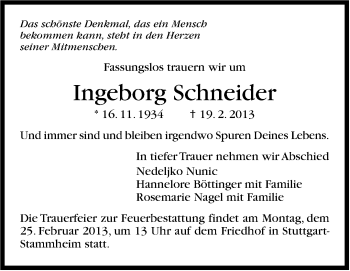 Traueranzeige von Ingeborg Schneider von Stuttgarter Zeitung / Stuttgarter Nachrichten