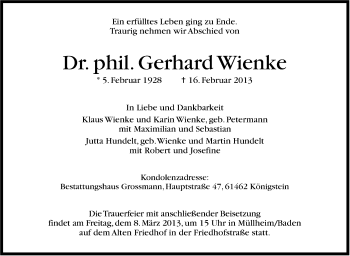 Traueranzeige von Gerhard Wienke von Stuttgarter Zeitung / Stuttgarter Nachrichten