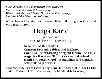 Traueranzeige von Helga Karle von Stuttgarter Zeitung / Stuttgarter Nachrichten