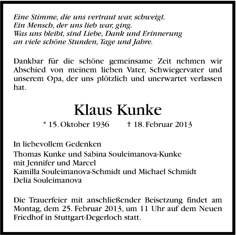  Traueranzeige für Klaus Kunke vom 23.02.2013 aus Stuttgarter Zeitung / Stuttgarter Nachrichten