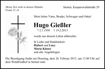 Traueranzeige von Hugo Gießler von Stuttgarter Zeitung / Stuttgarter Nachrichten