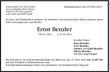 Traueranzeige von Ernst Benzler von Marbacher Zeitung