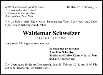 Traueranzeige von Waldemar Schweizer von Stuttgarter Zeitung / Stuttgarter Nachrichten