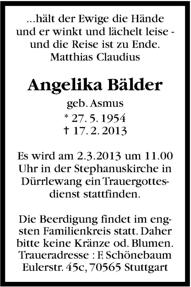  Traueranzeige für Angelika Bälder vom 26.02.2013 aus Stuttgarter Zeitung / Stuttgarter Nachrichten