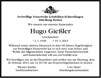 Traueranzeige von Hugo Gießler von Stuttgarter Zeitung / Stuttgarter Nachrichten