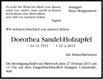 Traueranzeige von Dorothea Sandel-Holzapfel von Stuttgarter Zeitung / Stuttgarter Nachrichten