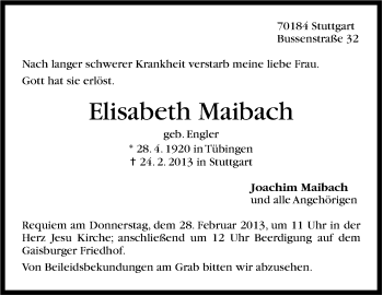 Traueranzeige von Elisabeth Maibach von Stuttgarter Zeitung / Stuttgarter Nachrichten