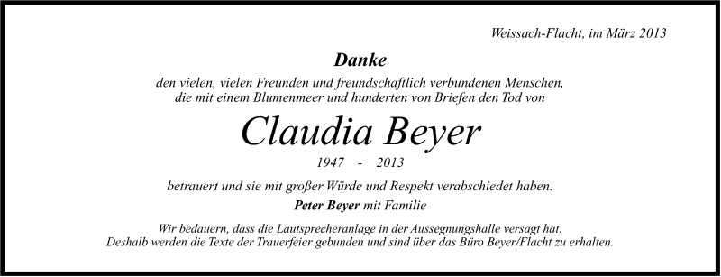  Traueranzeige für Claudia Beyer vom 02.03.2013 aus Stuttgarter Zeitung / Stuttgarter Nachrichten
