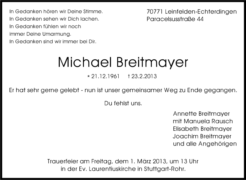  Traueranzeige für Michael Breitmayer vom 26.02.2013 aus Stuttgarter Zeitung / Stuttgarter Nachrichten