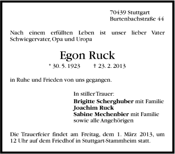 Traueranzeige von Egon Ruck von Stuttgarter Zeitung / Stuttgarter Nachrichten