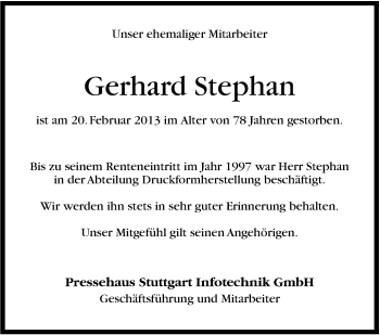 Traueranzeige von Gerhard Stephan von Stuttgarter Zeitung / Stuttgarter Nachrichten