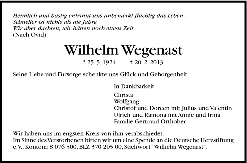  Traueranzeige für Wilhelm Wegenast vom 02.03.2013 aus Stuttgarter Zeitung / Stuttgarter Nachrichten