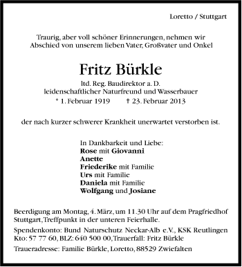 Traueranzeige von Fritz Bürkle von Stuttgarter Zeitung / Stuttgarter Nachrichten